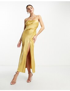 ASOS DESIGN - Vestito lungo in raso color oro allacciato dietro con bottoni sul davanti