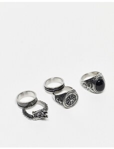 ASOS DESIGN - Confezione da 5 anelli in acciaio inossidabile resistente all'acqua con sigillo con bussola color argento brunito