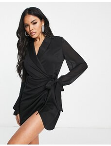 Unique21 - Vestito blazer a portafoglio nero con maniche trasparenti