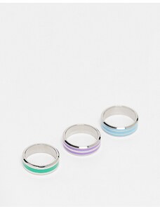 ASOS DESIGN - Confezione da 3 anelli a fascia in acciaio inossidabile resistente all'acqua con linee smaltate multicolore-Argento