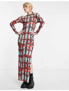 Annorlunda - Vestito lungo in rete multicolore con stampa quadri tie-dye e cut-out