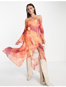 Annorlunda - Vestito lungo in rete multicolore con stampa lava e finiture circolari-Arancione