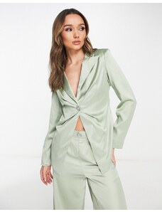 Extro & Vert - Blazer da damigella attillato in raso con bottone gioiello a cuore in coordinato-Verde