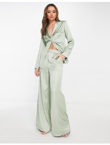 Extro & Vert - Pantaloni a pieghe con fondo ampio in raso con bottone gioiello a cuore in coordinato-Verde