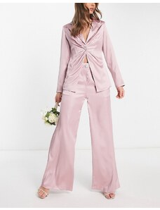 Extro & Vert - Pantaloni a pieghe con fondo ampio in raso con bottone gioiello a cuore in coordinato-Rosa