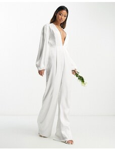 Extro & Vert - Tuta jumpsuit da sposa in raso con maniche a palloncino e scollo profondo-Bianco