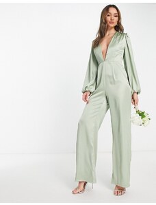 Extro & Vert - Tuta jumpsuit in raso con maniche a palloncino e scollo profondo-Verde