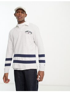 Tommy Jeans - Polo stile rugby comoda grigio mélange a righe con logo college