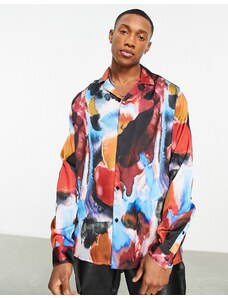ASOS DESIGN - Camicia comoda in raso con rever e stampa astratta-Multicolore