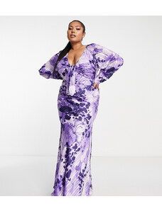 ASOS Curve ASOS DESIGN Curve - Vestito lungo con scollo profondo viola con stampa a fiori e laccio sul davanti-Multicolore