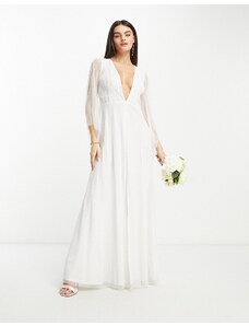 Esclusiva Starlet - Vestito lungo da sposa color avorio con maniche trasparenti e decorazioni-Bianco