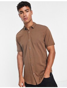 New Look - Camicia color cioccolato attillata in jersey-Marrone