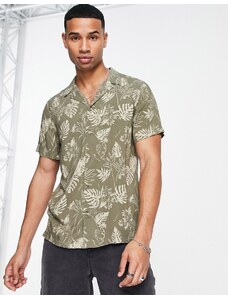 New Look - Camicia kaki con rever e stampa tropicale-Verde