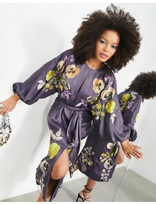 ASOS EDITION - Vestito midi in raso color malva con ricamo a fiori-Viola