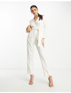 Closet London - Tuta jumpsuit kimono allacciata in vita color avorio-Bianco