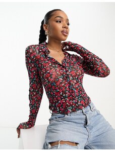 Y.A.S - Emla - Camicia a maniche lunghe nera a fiorellini rosa-Multicolore