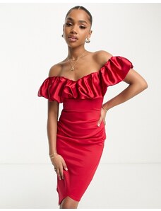 Lipsy - Vestito midi fasciante arricciato in raso rosso
