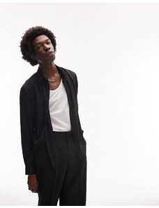 Topman - Camicia a maniche corte vestibilità classica in raso, colore nero-Black