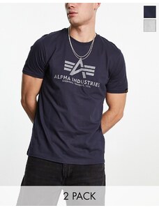 Alpha Industries - Confezione da 2 T-shirt basic con logo color grigio e blu navy-Multicolore