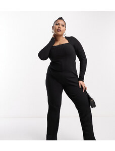 ASOS Curve ASOS DESIGN Curve - Tuta jumpsuit aderente a maniche lunghe nera a coste con scollo squadrato-Black