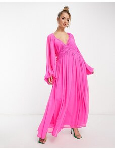 ASOS Edition - Vestito lungo in chiffon rosa acceso raccolto in vita