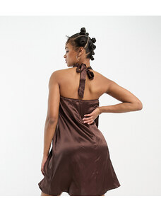 Urban Threads Tall - Vestito corto in raso marrone cioccolato accollato-Brown