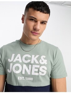 Jack & Jones - T-Shirt color block verde pallido e blu navy