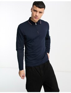 Selected Homme - Polo a maniche lunghe in misto cotone blu navy con zip-Bianco