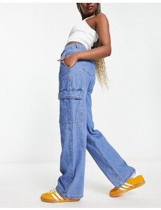 Bershka - Jeans cargo ampi a vita alta blu medio con cuciture a contrasto