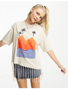 Native Youth - T-shirt écru con bordi grezzi e stampa a tema spiaggia-Bianco