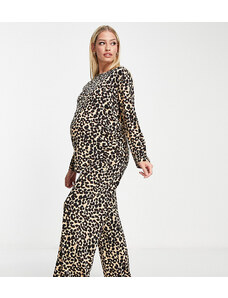 ASOS Maternity ASOS DESIGN Maternity - Pigiama con top a maniche lunghe e pantaloni a fondo ampio in viscosa con stampa leopardata marrone