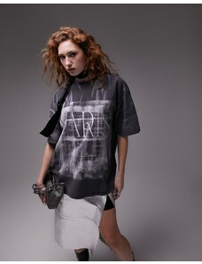 Topshop - T-shirt oversize nero slavato con stampa grafica "Paris"-Blu