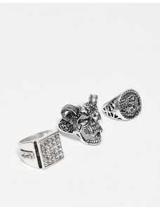 ASOS DESIGN - Confezione da 3 anelli color argento brunito con teschio di animali e cristalli