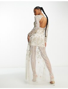 Miss Selfridge Premium - Vestito lungo color cipria premium con fiocchi e fondo trasparente-Bianco