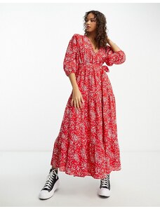 Glamorous - Vestito avvolgente lungo a balze rosso a fiorellini-Multicolore