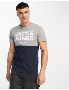 Jack & Jones - T-shirt colorblock grigio chiaro e blu navy