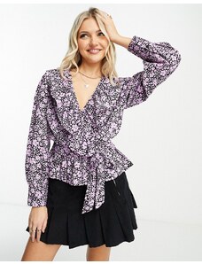 New Look - Blusa a maniche lunghe viola a fiori a portafoglio