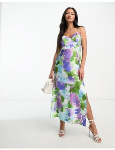 ASOS DESIGN - Vestito midi in raso a fiori effetto acquerello con dettaglio stile corsetto-Multicolore