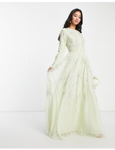 ASOS DESIGN - Vestito lungo da damigella a maniche lunghe verde salvia con ricamo a fiori e perline