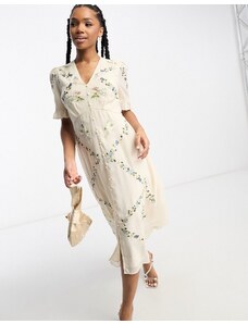 Hope & Ivy - Vestito midi color crema con ricami a fiori e bottoni frontali-Bianco