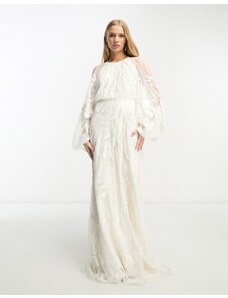 ASOS DESIGN ASOS Edition - Elsie - Vestito da sposa lungo color avorio allacciato sul collo con maniche a campana ricamate con perline-Bianco