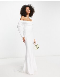 ASOS DESIGN ASOS EDITION - Elodie - Vestito da sposa a maniche lunghe in raso color avorio drappeggiato con scollo alla Bardot-Bianco