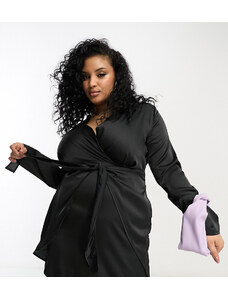 NaaNaa Plus - Vestito blazer in raso nero allacciato in vita-Black