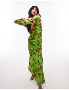 Topshop - Vestito lungo a maniche lunghe aperto dietro e raccolto in vita verde a fiori