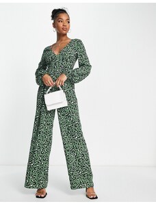 ASOS DESIGN - Tuta jumpsuit a maniche lunghe in crêpe a bolle con stampa leopardata con bottoni sulla schiena-Multicolore