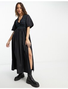 ASOS DESIGN - Vestito grembiule midi in cotone nero arricciato a portafoglio