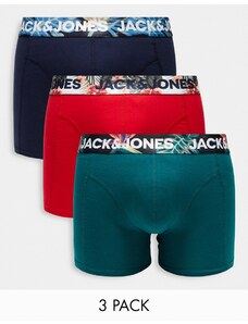 Jack & Jones - Confezione da 3 paia di boxer aderenti color rosso e blu navy con stampa tropical sulla fascia in vita