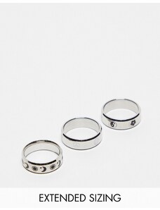 ASOS DESIGN - Confezione da 3 anelli a fascia argentati e neri in acciaio inossidabile resistente all'acqua con motivi anni '90-Argento