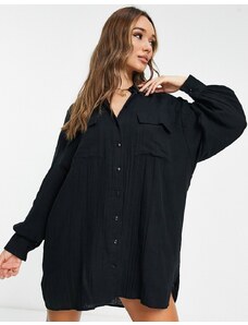 ASOS DESIGN - Vestito chemisier oversize nero in tessuto doppio
