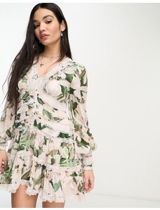AllSaints - Zora Alessandra - Vestito corto rosa a fiori verdi-Bianco